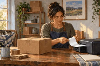 Painted illustration of a seller preparing a shipping label beside an uncollected parcel.