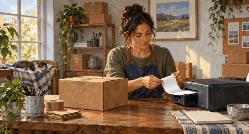 Painted illustration of a seller preparing a shipping label beside an uncollected parcel.