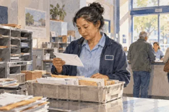 Conceptual painting of a postal worker checking an undeliverable envelope at a post-office sorting counter.