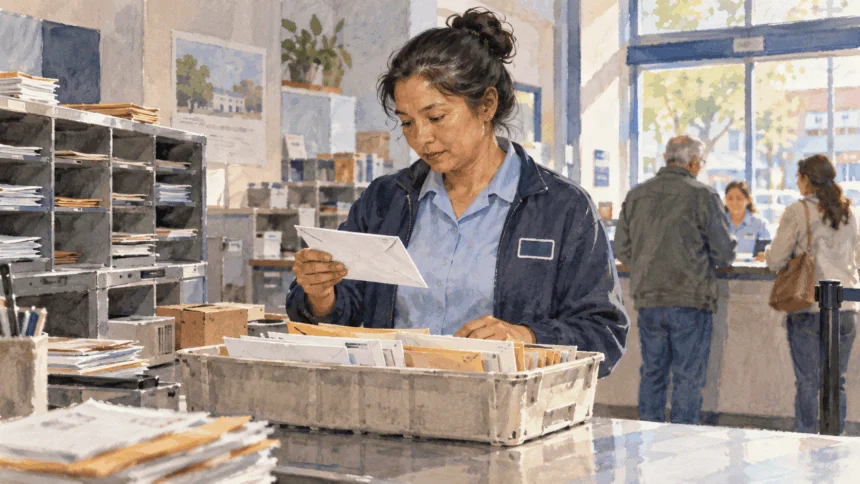 Conceptual painting of a postal worker checking an undeliverable envelope at a post-office sorting counter.