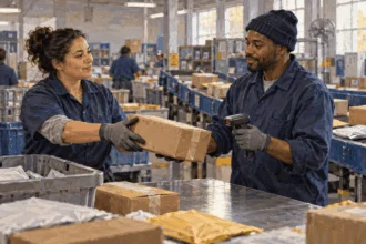 Painted illustration of postal workers scanning a sealed parcel at a sorting table.