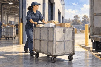 Conceptual painting of parcels leaving a sorting center on a handcart.