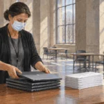 Conceptual painting of a college administrator preparing laptops and aid materials during the pandemic.