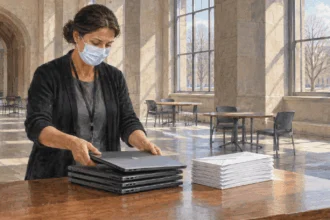Conceptual painting of a college administrator preparing laptops and aid materials during the pandemic.