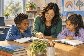 Conceptual painting of a teacher helping students with reading after pandemic disruptions.