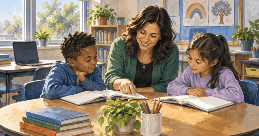 Conceptual painting of a teacher helping students with reading after pandemic disruptions.