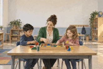 Painted scene of an educator helping students after school disruptions.