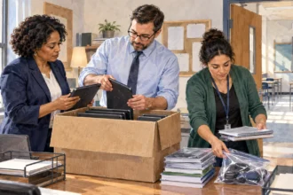 Education officials organize remote-learning supplies beside an empty classroom.