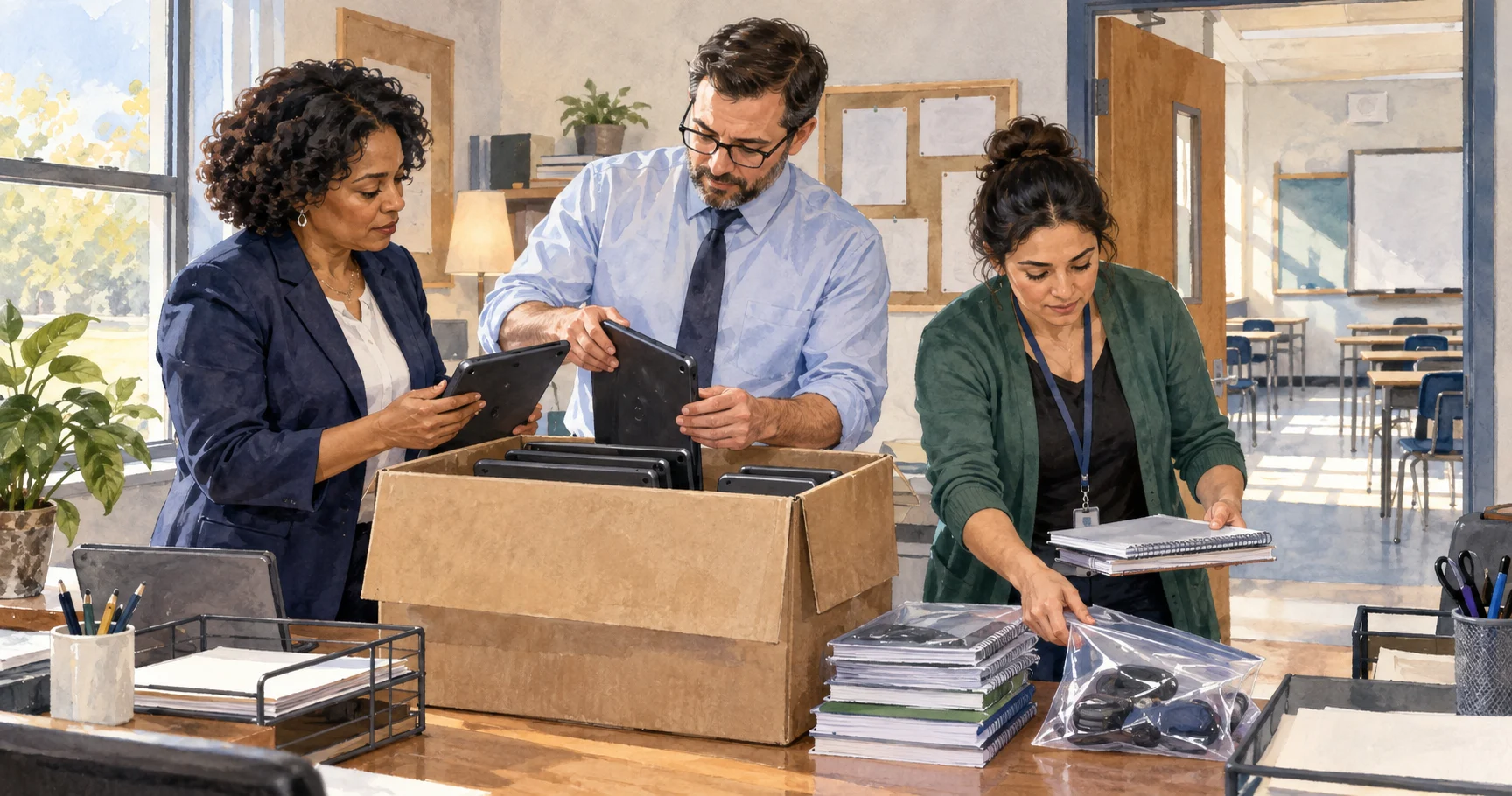 Education officials organize remote-learning supplies beside an empty classroom.
