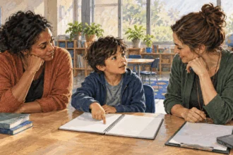 Painted illustration of a student, parent and teacher discussing school support.