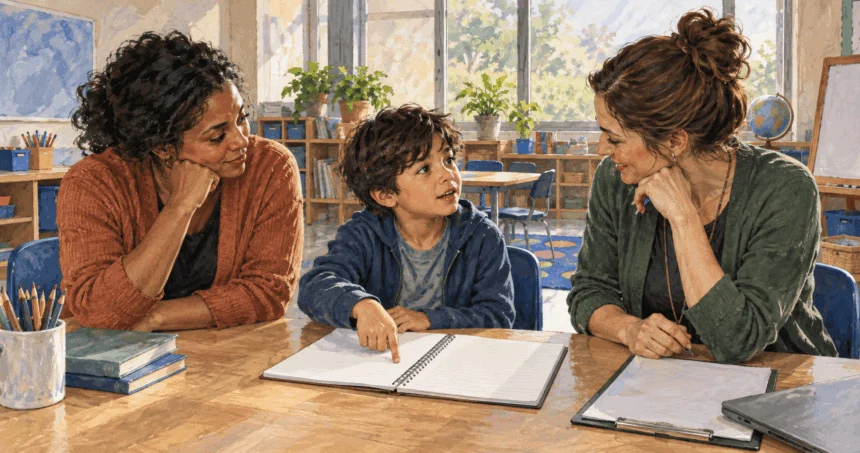 Painted illustration of a student, parent and teacher discussing school support.