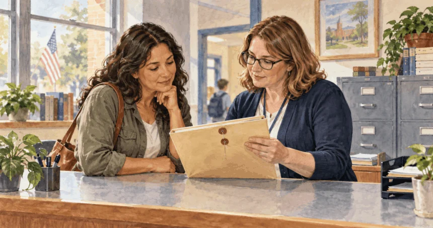 Conceptual painting of a parent discussing a sealed school records folder with a registrar.