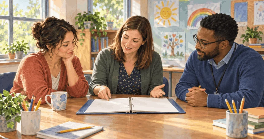 Conceptual painting of a parent and educators discussing a student-support plan.