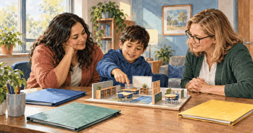 Conceptual watercolor painting of student and adults discuss school supports.