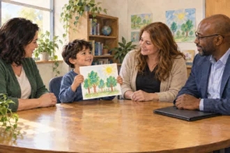 A child shows schoolwork as a parent and educators discuss an evaluation.