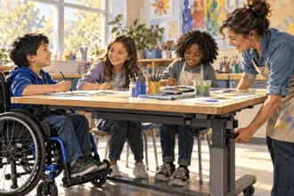 Conceptual painting of a child using a wheelchair joining classmates at an art club.