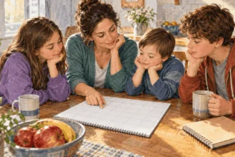 Conceptual watercolor of a family considering a blank calendar together at home.