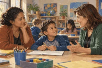 Conceptual painting of a parent, teacher and student discussing classroom participation.