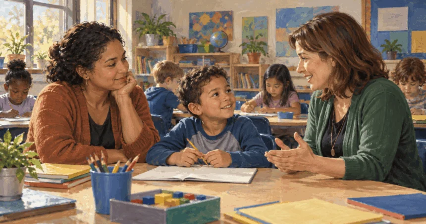 Conceptual painting of a parent, teacher and student discussing classroom participation.