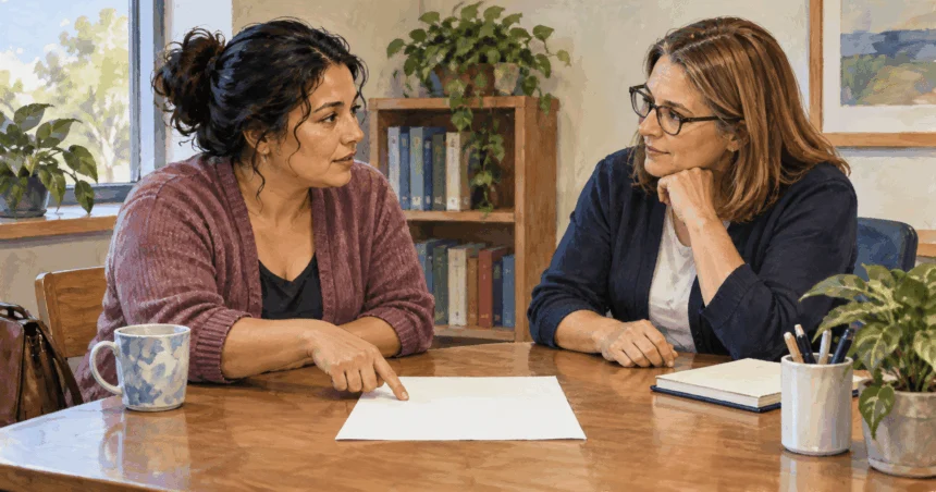 Painted illustration of a parent and school staff member discussing a request at a table.