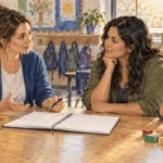 Conceptual watercolor painting of parent and teacher discuss school supports after class.