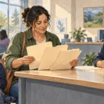 Conceptual painting of a parent asking about family assistance applications at a service desk.