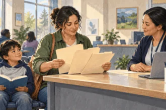 Conceptual painting of a parent asking about family assistance applications at a service desk.