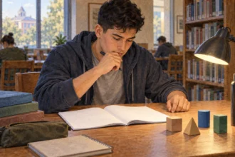 Prospective military applicant studies practice materials at a library table.