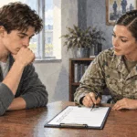 Conceptual painting of an applicant discussing military entry requirements.