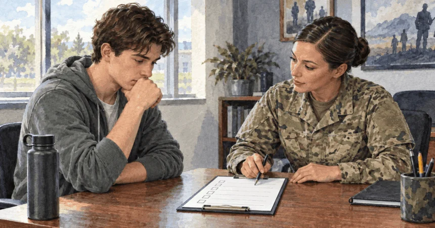 Conceptual painting of an applicant discussing military entry requirements.