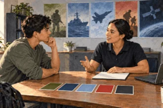 Painted scene of a prospective recruit comparing military service options with an adviser.