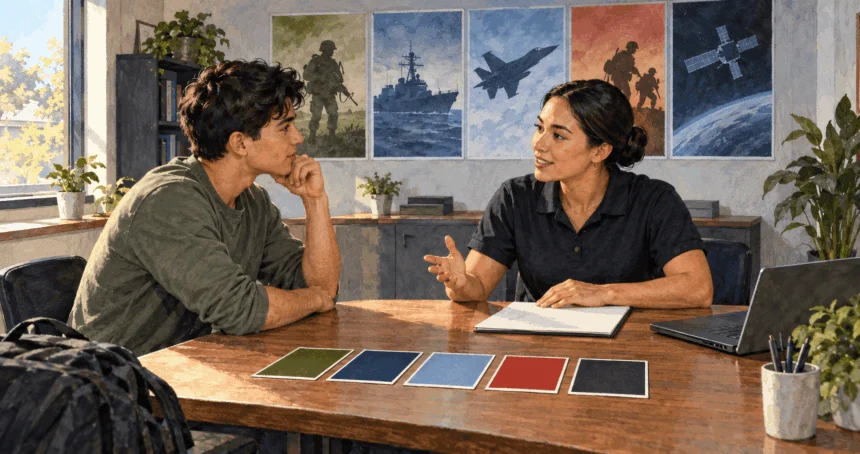 Painted scene of a prospective recruit comparing military service options with an adviser.
