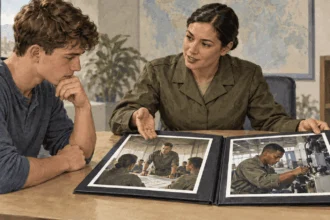 Conceptual painting of a recruit considering leadership and technical military paths with a career counselor.