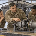 Military technical specialist explains a component to two service members in a hangar.