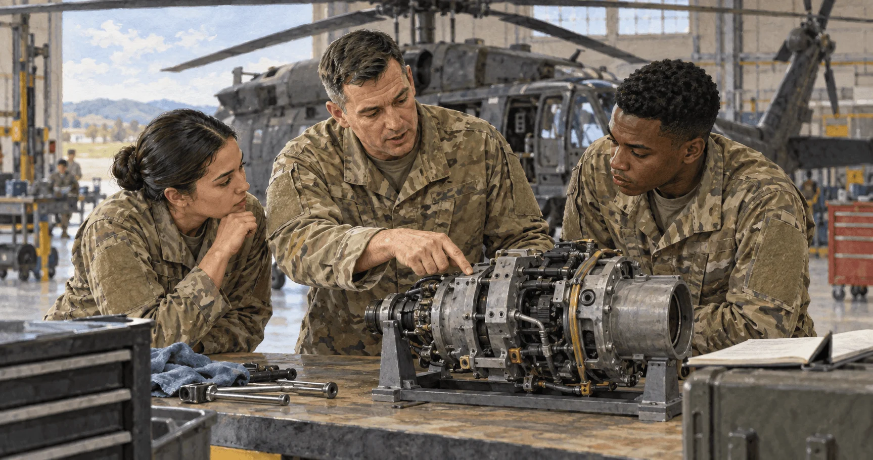Military technical specialist explains a component to two service members in a hangar.