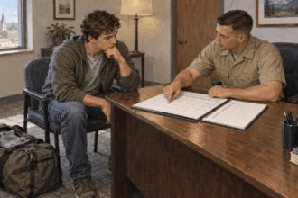 A recruit and recruiter review a future training calendar before basic training.