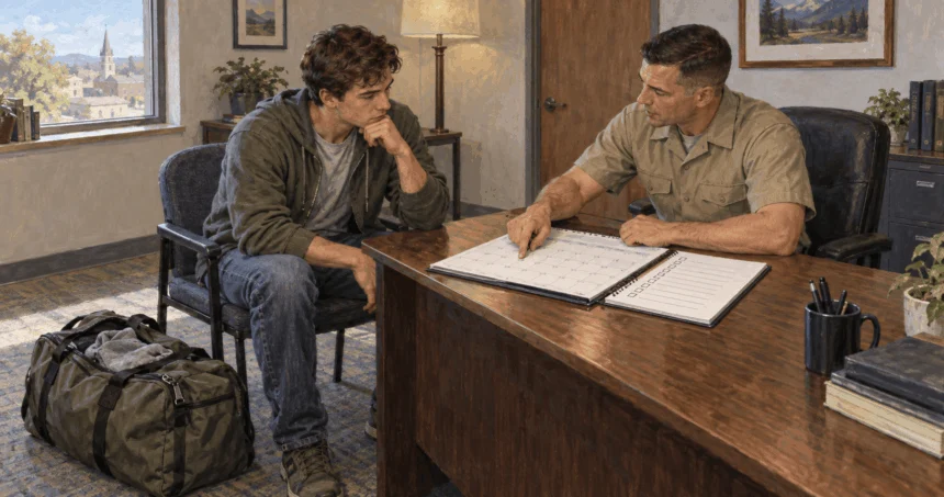 A recruit and recruiter review a future training calendar before basic training.