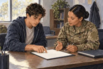 Painted illustration of a prospective recruit reviewing a service contract with a recruiter.