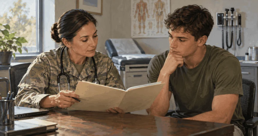 An applicant reviews medical history with a clinician before enlistment.