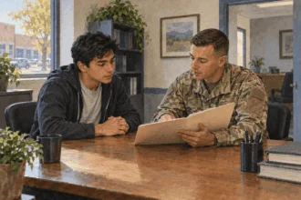 Painted illustration of a prospective recruit discussing military service with a recruiter.