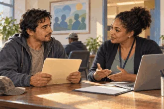 Conceptual painting of worker in everyday clothes talks with a Medicaid enrollment navigator at a community office, holding a blank pay folder.