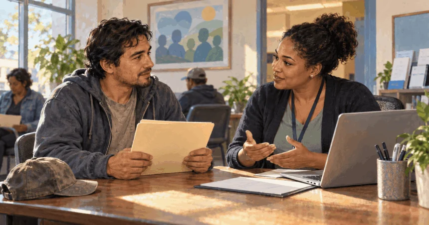 Conceptual painting of worker in everyday clothes talks with a Medicaid enrollment navigator at a community office, holding a blank pay folder.