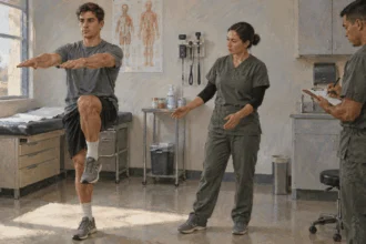 A clinician checks an applicant’s mobility during a military entrance exam.