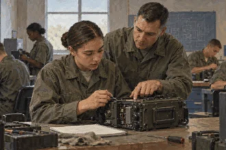 A service member learns to inspect equipment during job training.