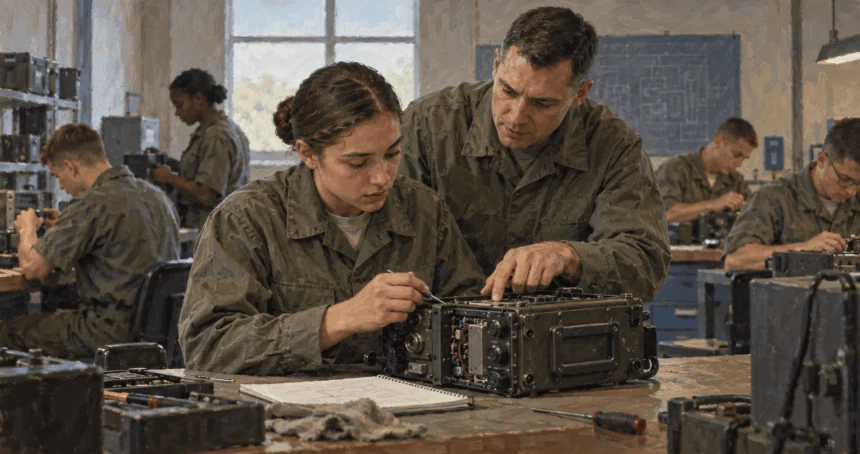 A service member learns to inspect equipment during job training.
