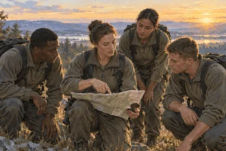 Painted illustration of officer candidates working through a field navigation exercise.