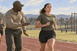 Conceptual painting of a recruit practicing a supervised fitness drill.