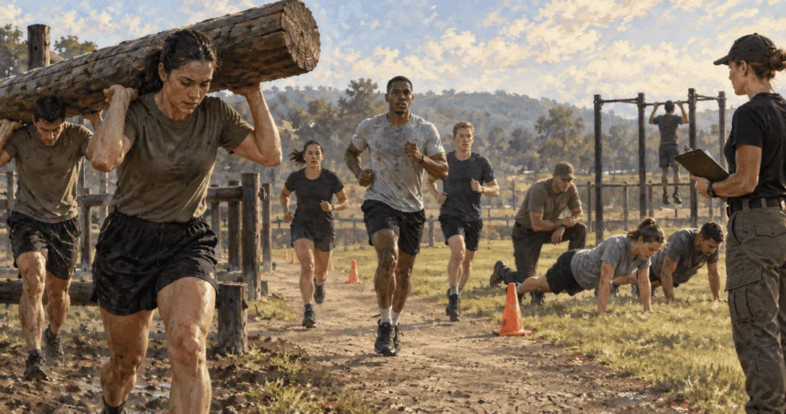 Service members practice varied physical fitness activities on a training field.