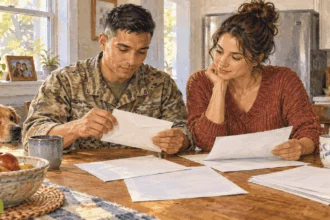 Conceptual painting of a service member and partner reviewing household pay paperwork.
