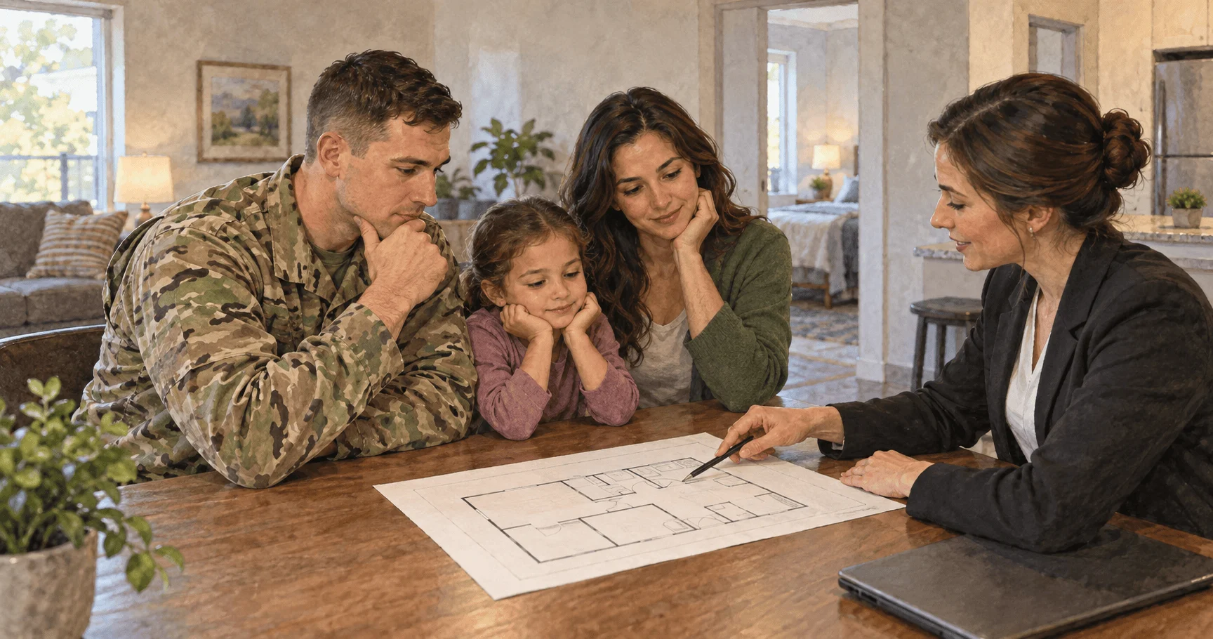 Military family and leasing agent review a floor plan for a possible rental home.